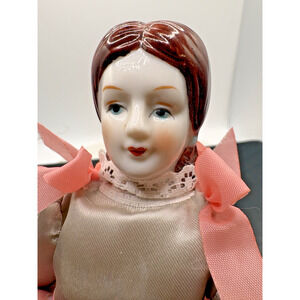 Antique Vintage Porcelain & Cloth Boudoir Bed or Sofa Doll 7" Gray & Pink 1920's